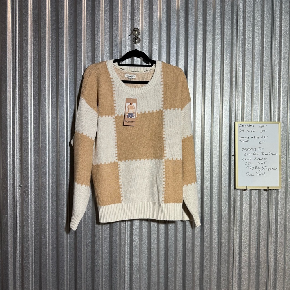 BearPaw NWT XXL Women's Tan and Cream Cozy Cabincore Crewneck Sweater, Neutral